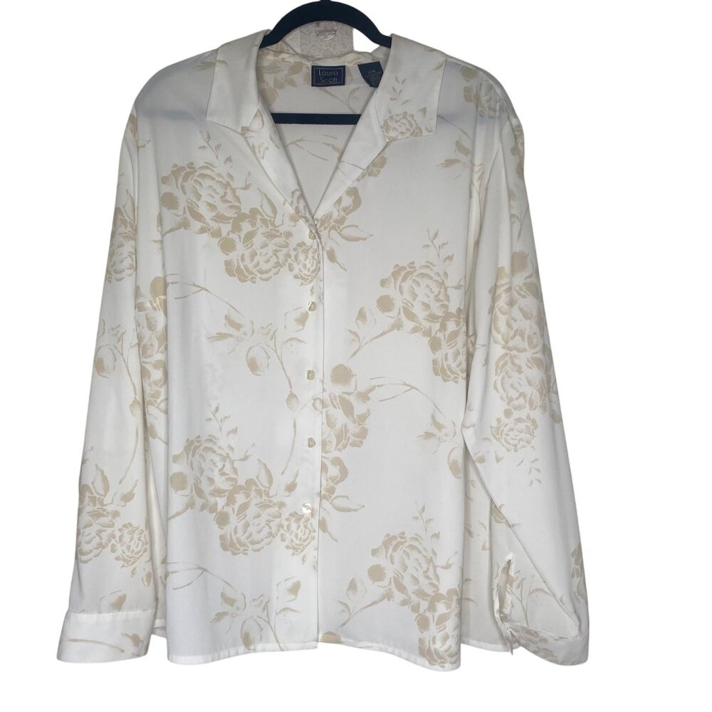 Laura Scott Womens 24W Floral Button-Front Blouse Beige/White Lightweight